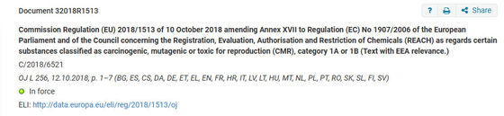 Entry 72 of Commission Regulation (EU) 2018/1513 amending Annex XVII of REACH Regulation (EC) No 1907/2006