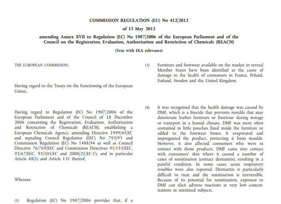 ISO/TS 16186，Regulation (EU) No 412/2012 amending Entry 61 of Annex XVII of REACH Regulation (EC) No 1907/2006